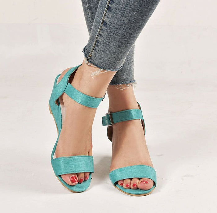 Ladies' Ethical Synthetic Wedge Sandals: coral pink, tan/brown sole wedge sandals, casual style