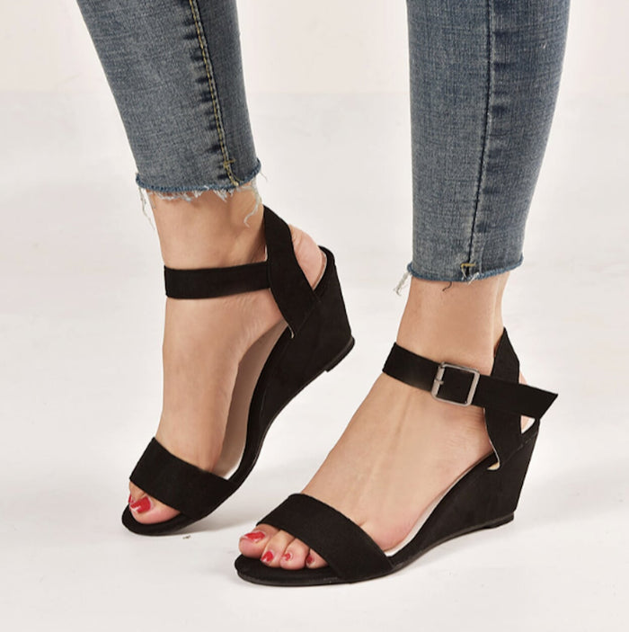 Ladies' Ethical Synthetic Wedge Sandals: coral pink, tan/brown sole wedge sandals, casual style
