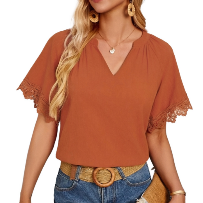 Ladies' V-Neck Tee with Delicate Lace Accents: white short-sleeve blouse/top, casual feminine style