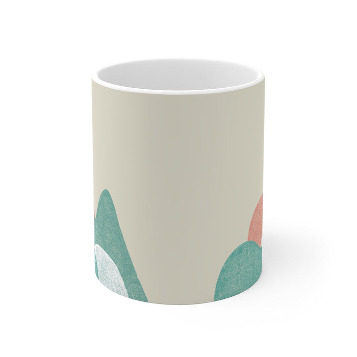 Landscape Abstract Mug for Coffee and Tea: off-white, teal green abstract mountain and sun landscape, minimal, abstract style