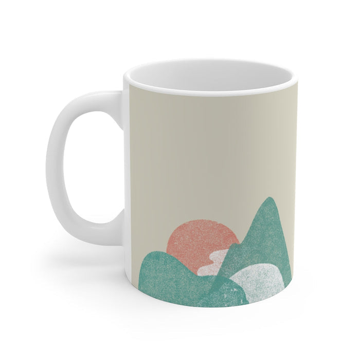 Landscape Abstract Mug for Coffee and Tea: off-white, teal green abstract mountain and sun landscape, minimal, abstract style