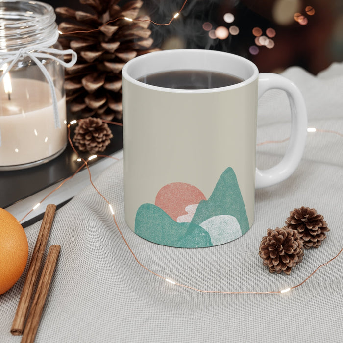 Landscape Abstract Mug for Coffee and Tea: off-white, teal green abstract mountain and sun landscape, minimal, abstract style
