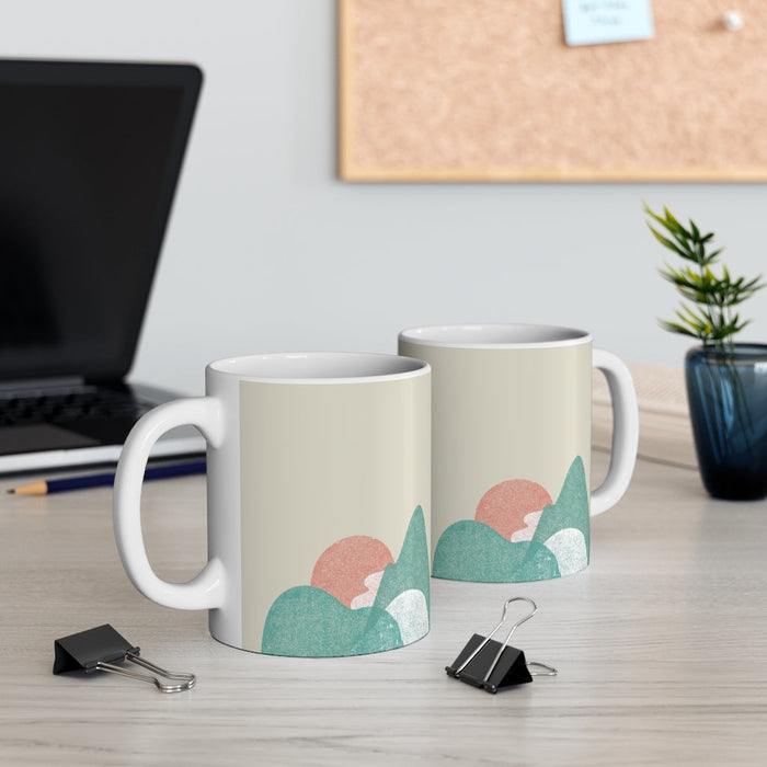 Landscape Abstract Mug for Coffee and Tea: off-white, teal green abstract mountain and sun landscape, minimal, abstract style