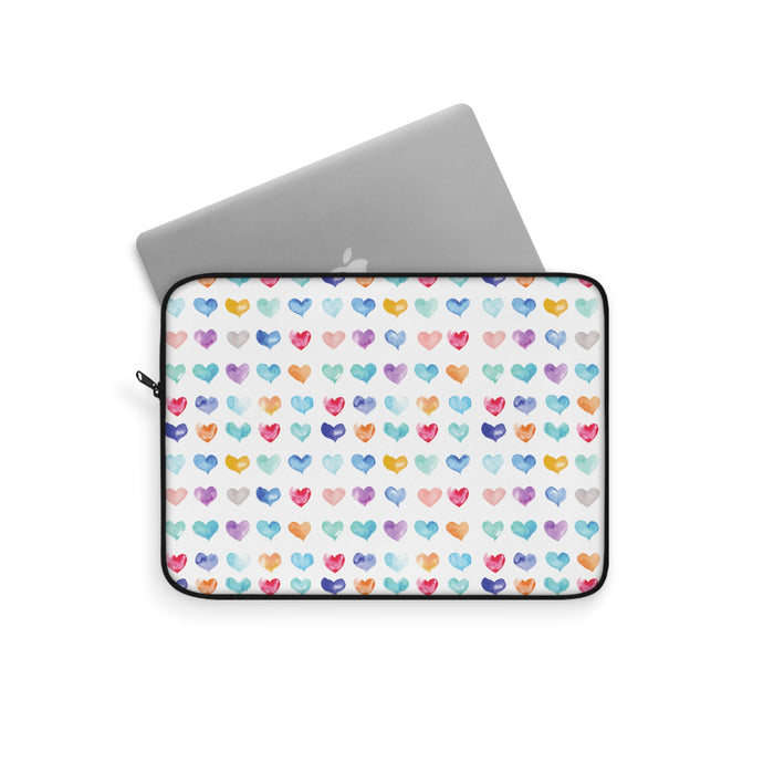 Laptop Sleeve, A Million Hearts Design: white, blue multicolored heart pattern, colorful kawaii style