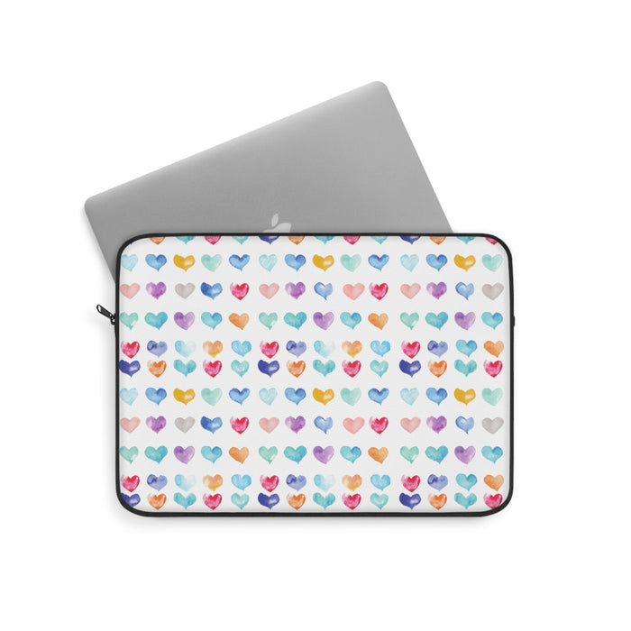 Laptop Sleeve, A Million Hearts Design: white, blue multicolored heart pattern, colorful kawaii style