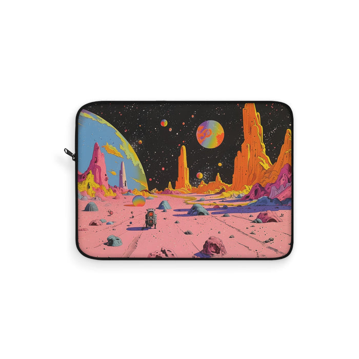 Laptop Sleeve with a Retro Space Robot Design: black, pink science-fiction alien landscape with planets and a small astronaut