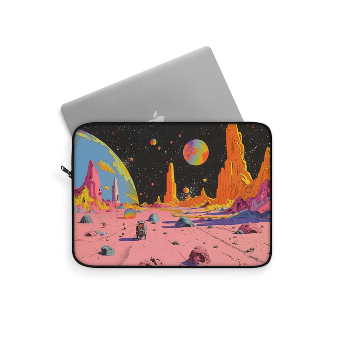Laptop Sleeve with a Retro Space Robot Design: black, pink science-fiction alien landscape with planets and a small astronaut