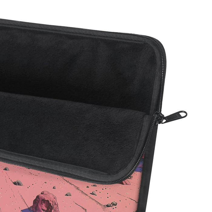 Laptop Sleeve with a Retro Space Robot Design: black, pink science-fiction alien landscape with planets and a small astronaut