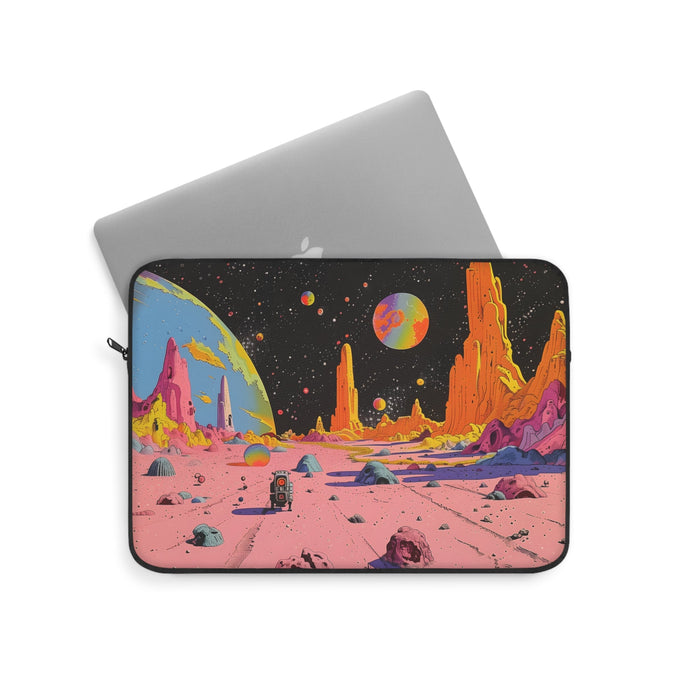 Laptop Sleeve with a Retro Space Robot Design: black, pink science-fiction alien landscape with planets and a small astronaut