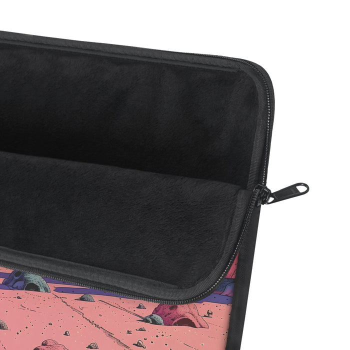 Laptop Sleeve with a Retro Space Robot Design: black, pink science-fiction alien landscape with planets and a small astronaut