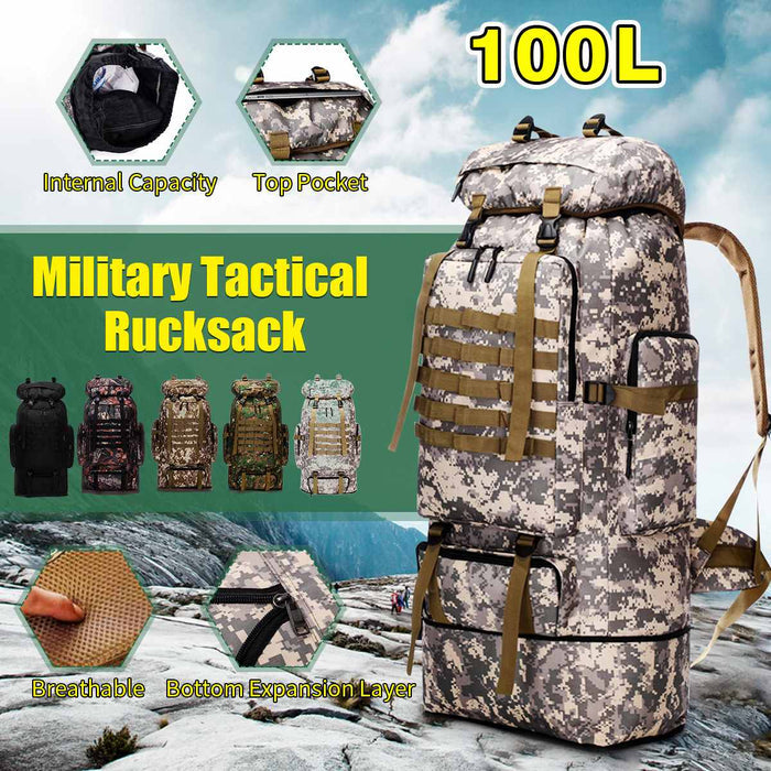 Large Capacity Waterproof Backpack for Outdoor Camping and Hiking (100L): gray, beige rucksack/backpack, military tactical st