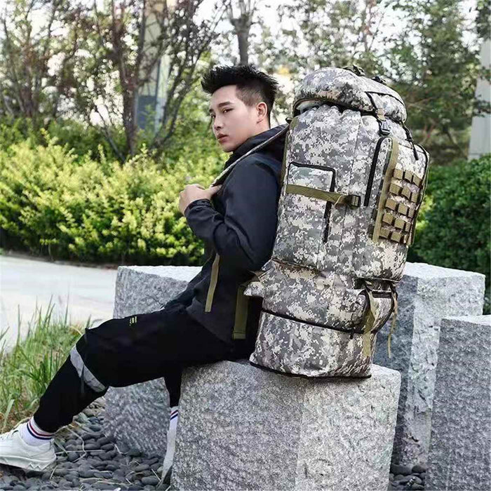 Large Capacity Waterproof Backpack for Outdoor Camping and Hiking (100L): gray, beige rucksack/backpack, military tactical st