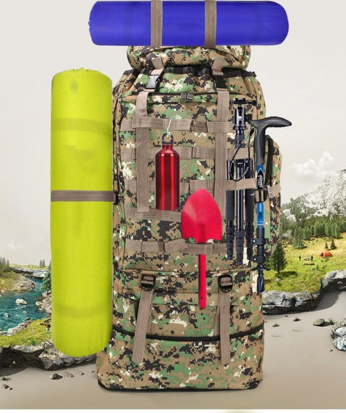 Large Capacity Waterproof Backpack for Outdoor Camping and Hiking (100L): gray, beige rucksack/backpack, military tactical st