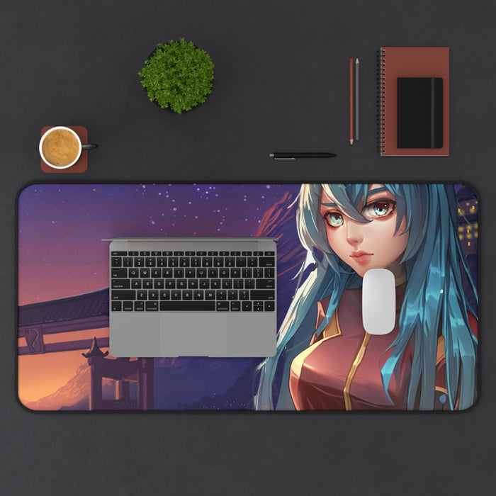 Large Mouse Pad featuring an Anime Girl in Space Suit: dark purple, blue anime-style blue-haired female character, anime, ill