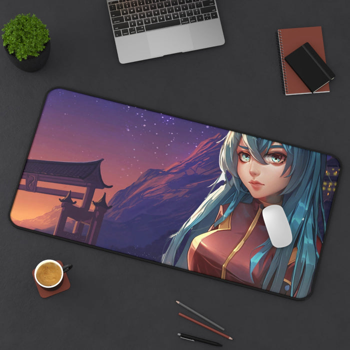 Large Mouse Pad featuring an Anime Girl in Space Suit: dark purple, blue anime-style blue-haired female character, anime, ill