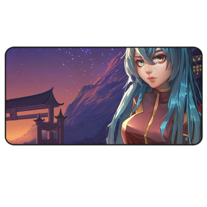 Large Mouse Pad featuring an Anime Girl in Space Suit: dark purple, blue anime-style blue-haired female character, anime, ill