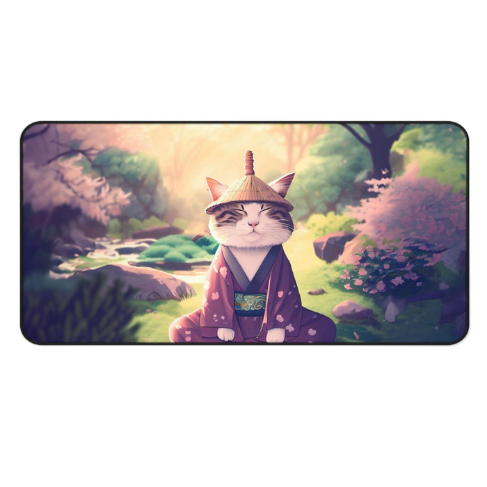 Large Mouse Pad for Zen Cat Meditation: purple, pink cat character in traditional Japanese-style clothing, cute stylized fant