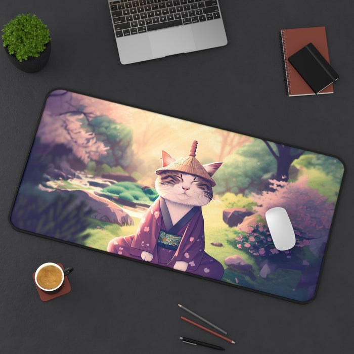 Large Mouse Pad for Zen Cat Meditation: purple, pink cat character in traditional Japanese-style clothing, cute stylized fant