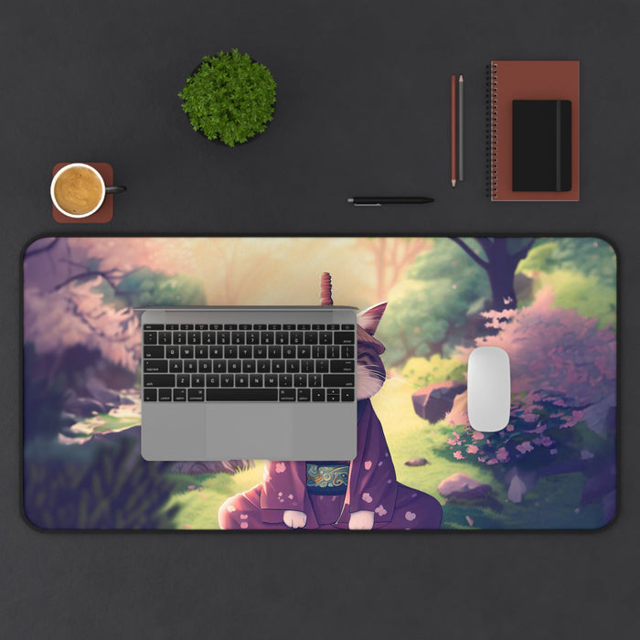 Large Mouse Pad for Zen Cat Meditation: purple, pink cat character in traditional Japanese-style clothing, cute stylized fant