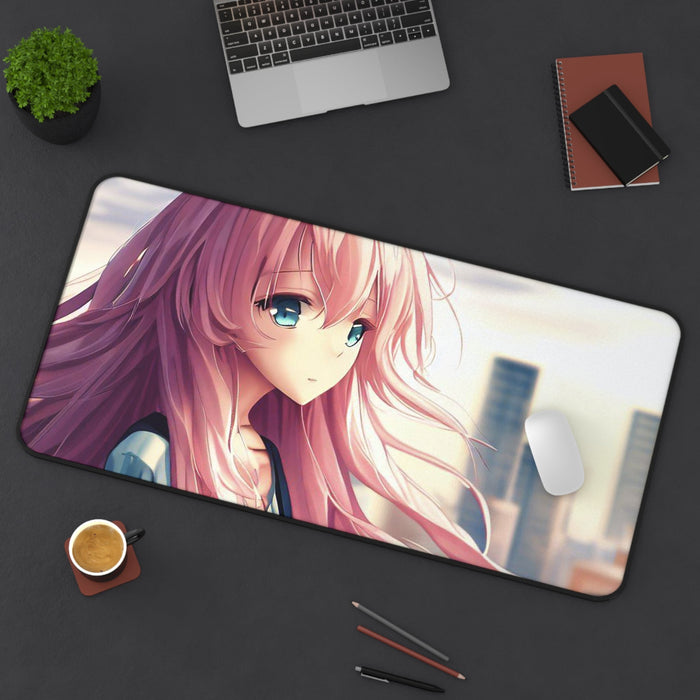 Large Pink Mouse Pad featuring an Anime Girl with Colorful Hair: pink, purple anime-style girl with pink hair, anime/cartoon