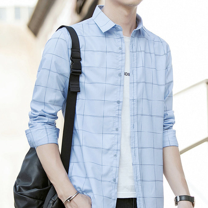 Large Plaid Shirt for Men: A Fresh Take on Classic Style: light blue, dark blue button-up shirt, casual style