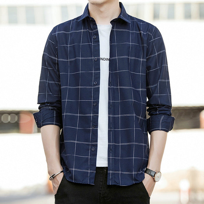 Large Plaid Shirt for Men: A Fresh Take on Classic Style: light blue, dark blue button-up shirt, casual style