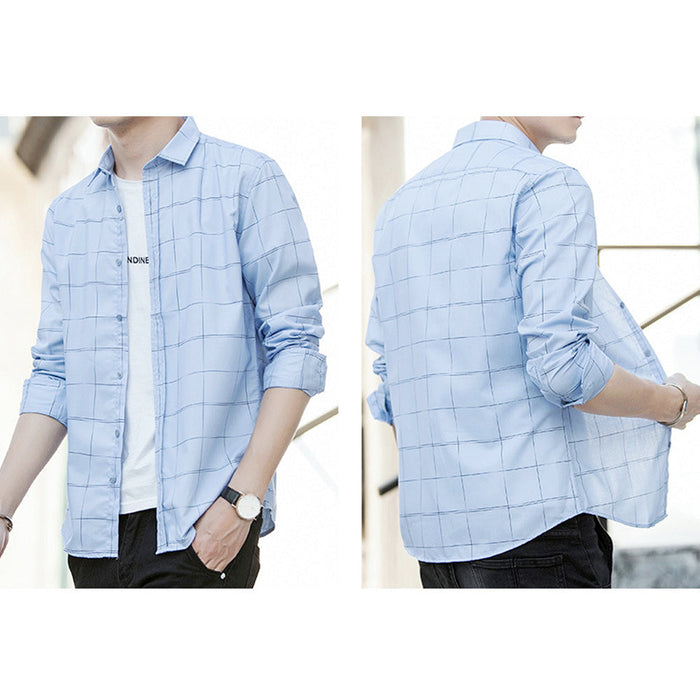 Large Plaid Shirt for Men: A Fresh Take on Classic Style: light blue, dark blue button-up shirt, casual style