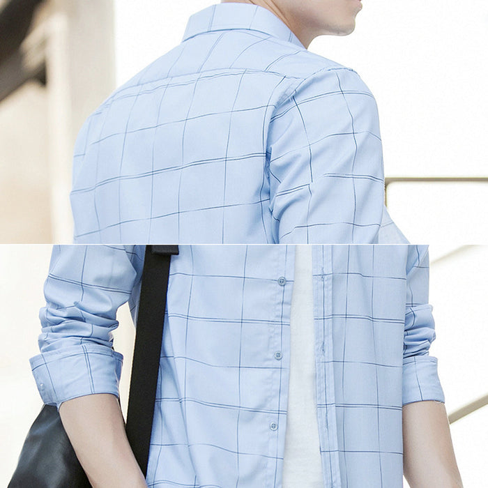 Large Plaid Shirt for Men: A Fresh Take on Classic Style: light blue, dark blue button-up shirt, casual style