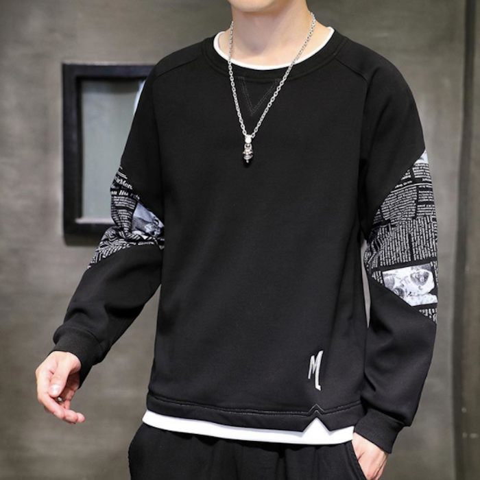 Layered Look Men's Sweatshirt with Elbow Prints: black, white crewneck sweatshirt, streetwear style