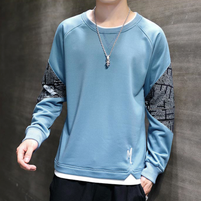Layered Look Men's Sweatshirt with Elbow Prints: black, white crewneck sweatshirt, streetwear style