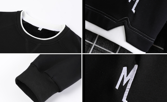 Layered Look Men's Sweatshirt with Elbow Prints: black, white crewneck sweatshirt, streetwear style