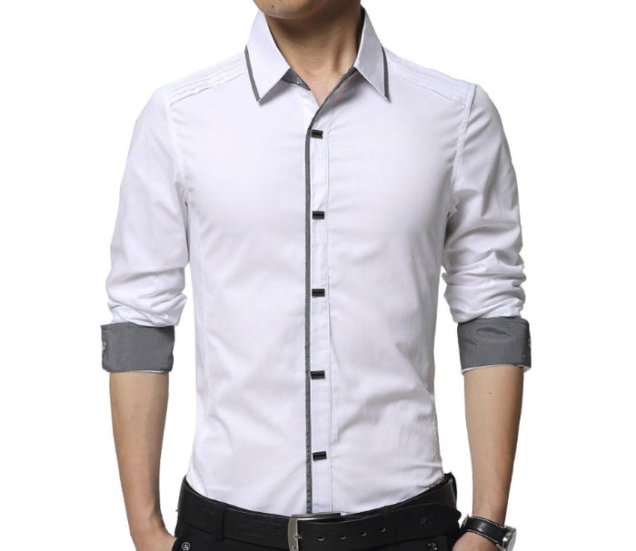 Layered Shoulder Detail Men's Shirt: white, gray button-up dress shirt, modern minimal style