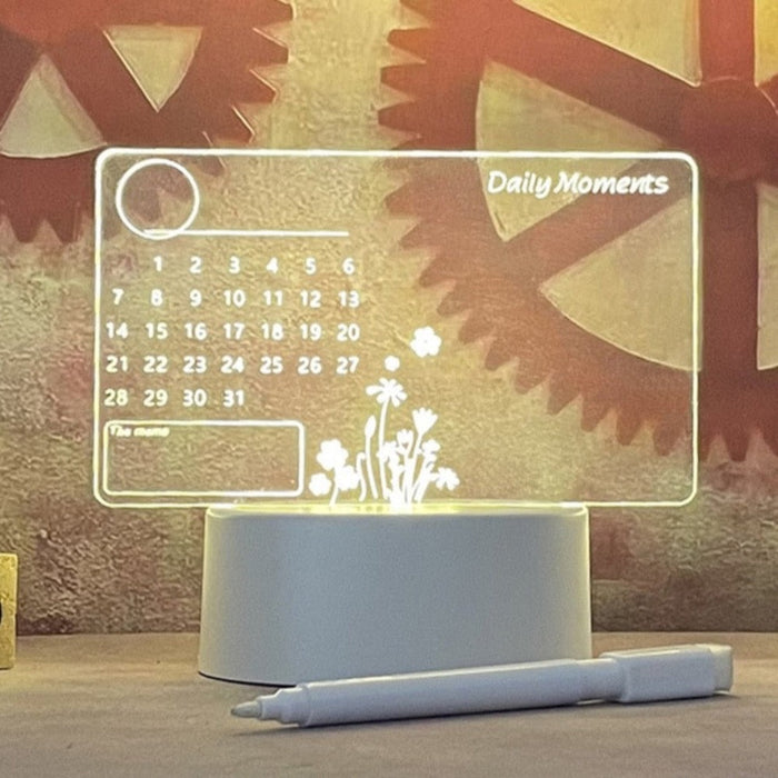 LED Calendar Board Night Light: transparent, white clear desktop calendar board with stand and marker, minimal style