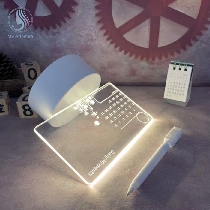 LED Calendar Board Night Light: transparent, white clear desktop calendar board with stand and marker, minimal style