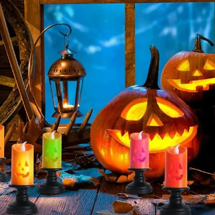 LED Electronic Candle with Halloween Pumpkin Design: orange, black carved jack-o'-lantern pumpkins, Halloween, spooky decorat