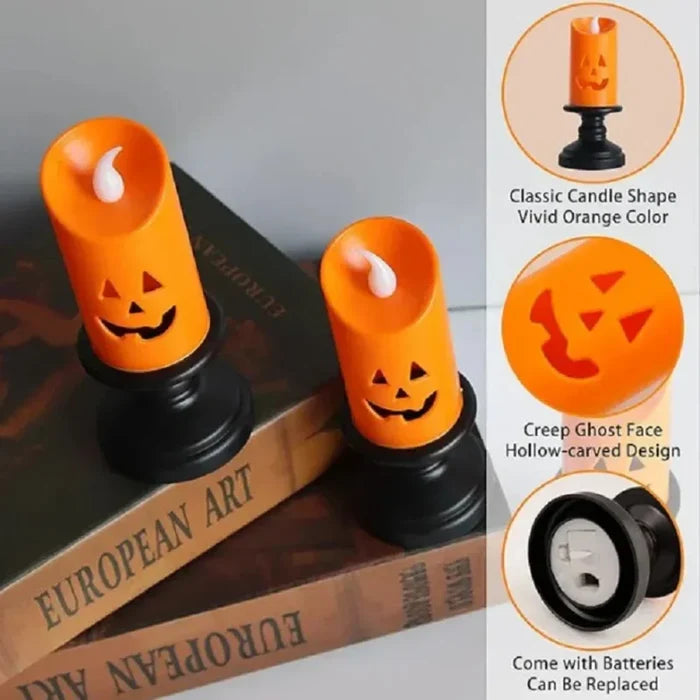 LED Electronic Candle with Halloween Pumpkin Design: orange, black carved jack-o'-lantern pumpkins, Halloween, spooky decorat