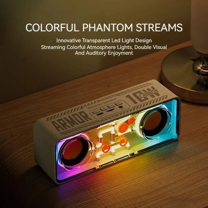 LED Gaming Bluetooth Speaker with RGB Lighting: white, black portable speaker, futuristic, techno style