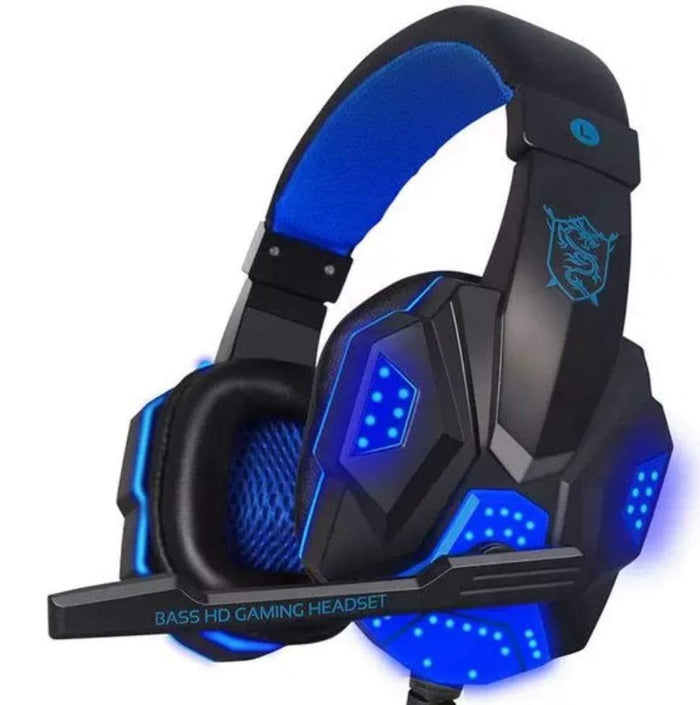 LED Gaming Headset Dragon G9800, Revised Core Meaning Title: black, blue over-ear gaming headset with boom microphone, futuri