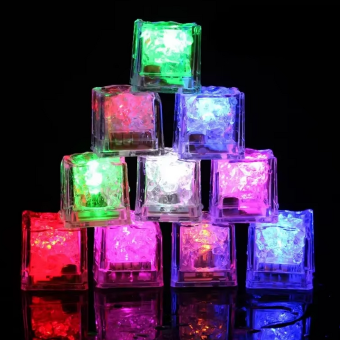 LED Ice Cube Party Set, 12 Pieces: green, red stacked illuminated translucent cubes, colorful decorative style