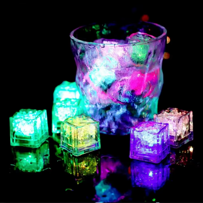 LED Ice Cube Party Set, 12 Pieces: green, red stacked illuminated translucent cubes, colorful decorative style