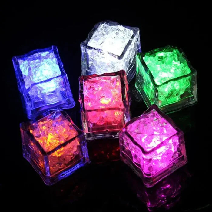 LED Ice Cube Party Set, 12 Pieces: green, red stacked illuminated translucent cubes, colorful decorative style