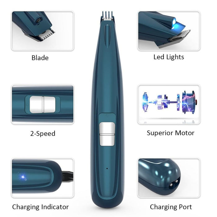 LED Light Pet Grooming Clippers for Paws and Fur Trimming: dark blue, cream cat, product demonstration photo style