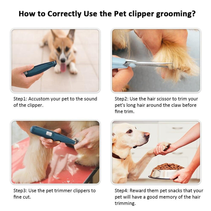 LED Light Pet Grooming Clippers for Paws and Fur Trimming: dark blue, cream cat, product demonstration photo style
