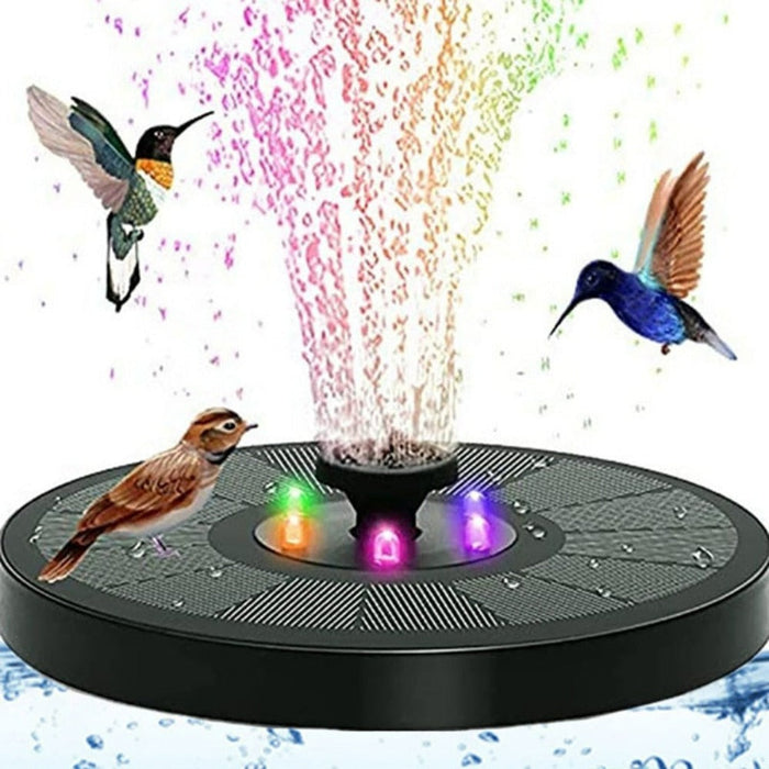 LED-Lit Solar Fountain for Your Garden: black, gray hummingbirds and a small bird illustration, product illustration/composit