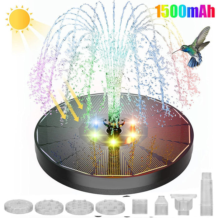 LED-Lit Solar Fountain for Your Garden: black, gray hummingbirds and a small bird illustration, product illustration/composit