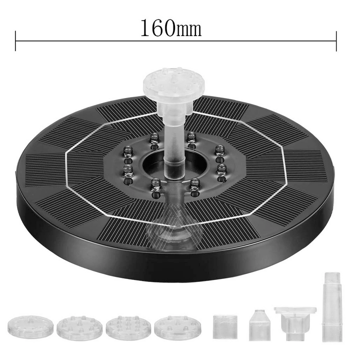 LED-Lit Solar Fountain for Your Garden: black, gray hummingbirds and a small bird illustration, product illustration/composit