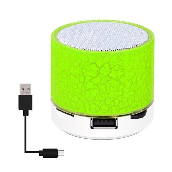 LED Mini Bluetooth Speaker, Portal Edition: bright green, white portable speaker with USB charging cable, minimal modern styl