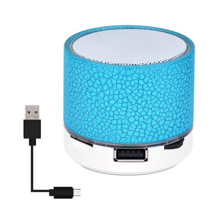 LED Mini Bluetooth Speaker, Portal Edition: bright green, white portable speaker with USB charging cable, minimal modern styl