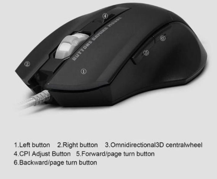 LED Optical Gaming Mouse with 6 Buttons and 2500 DPI: black, gray wired computer mouse, gaming style