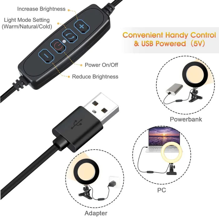 LED Ring Light Stand with Clip, The Ultimate 2-in-1 Lighting Solution: black, white clip-on ring light with USB cable, minima
